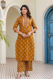 Mustard Yoke Design Cotton Kurta Set with Palazzo and Dupatta
