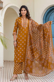 Mustard Yoke Design Cotton Kurta Set with Palazzo and Dupatta