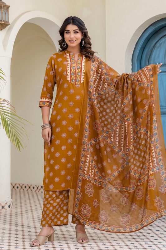 Mustard Yoke Design Cotton Kurta Set with Palazzo and Dupatta