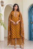Mustard Yoke Design Cotton Kurta Set with Palazzo and Dupatta