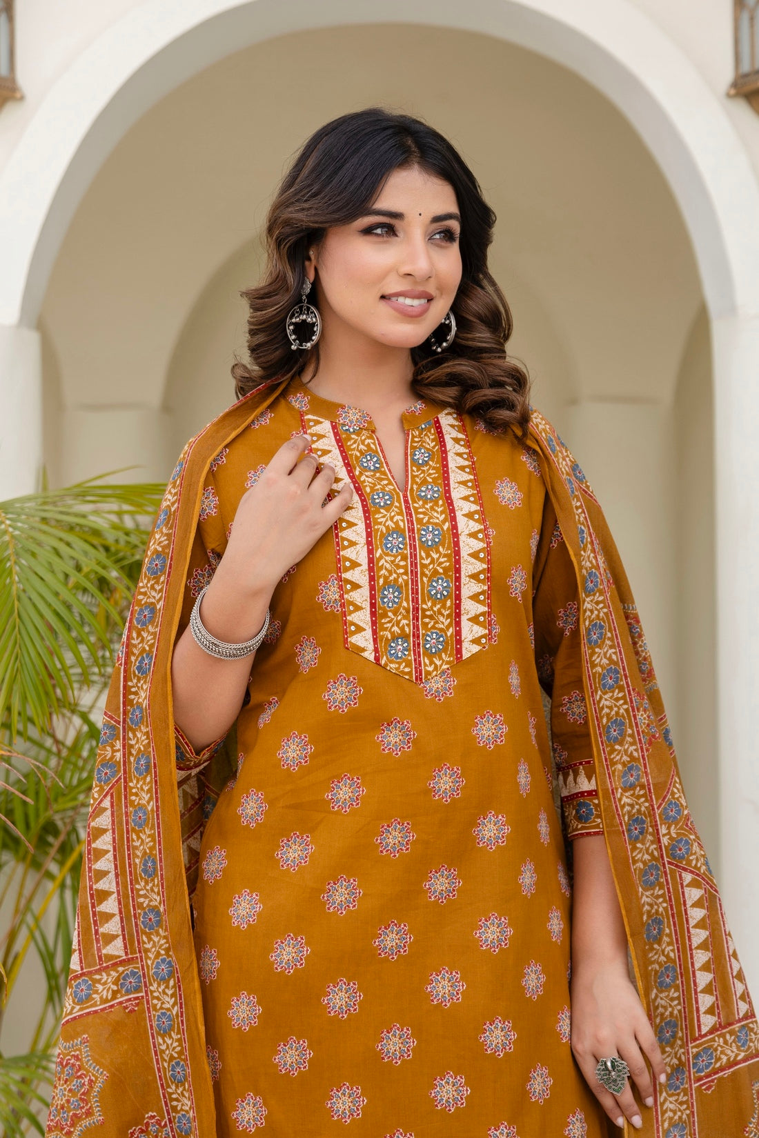 Mustard Yoke Design Cotton Kurta Set with Palazzo and Dupatta