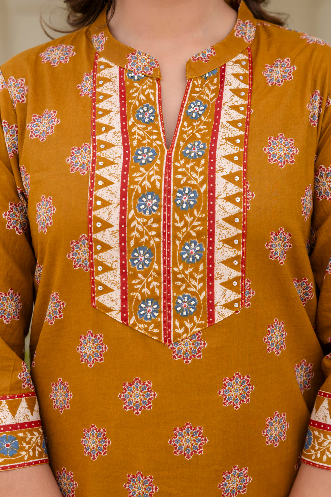 Mustard Yoke Design Cotton Kurta Set with Palazzo and Dupatta