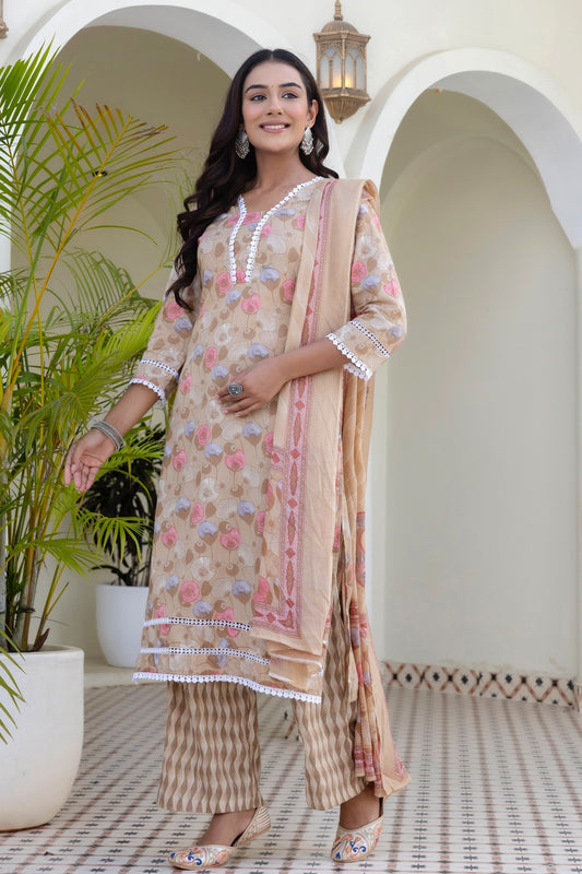 Beige Lace Detailing Cotton Kurta Set with Palazzo Pants and Dupatta