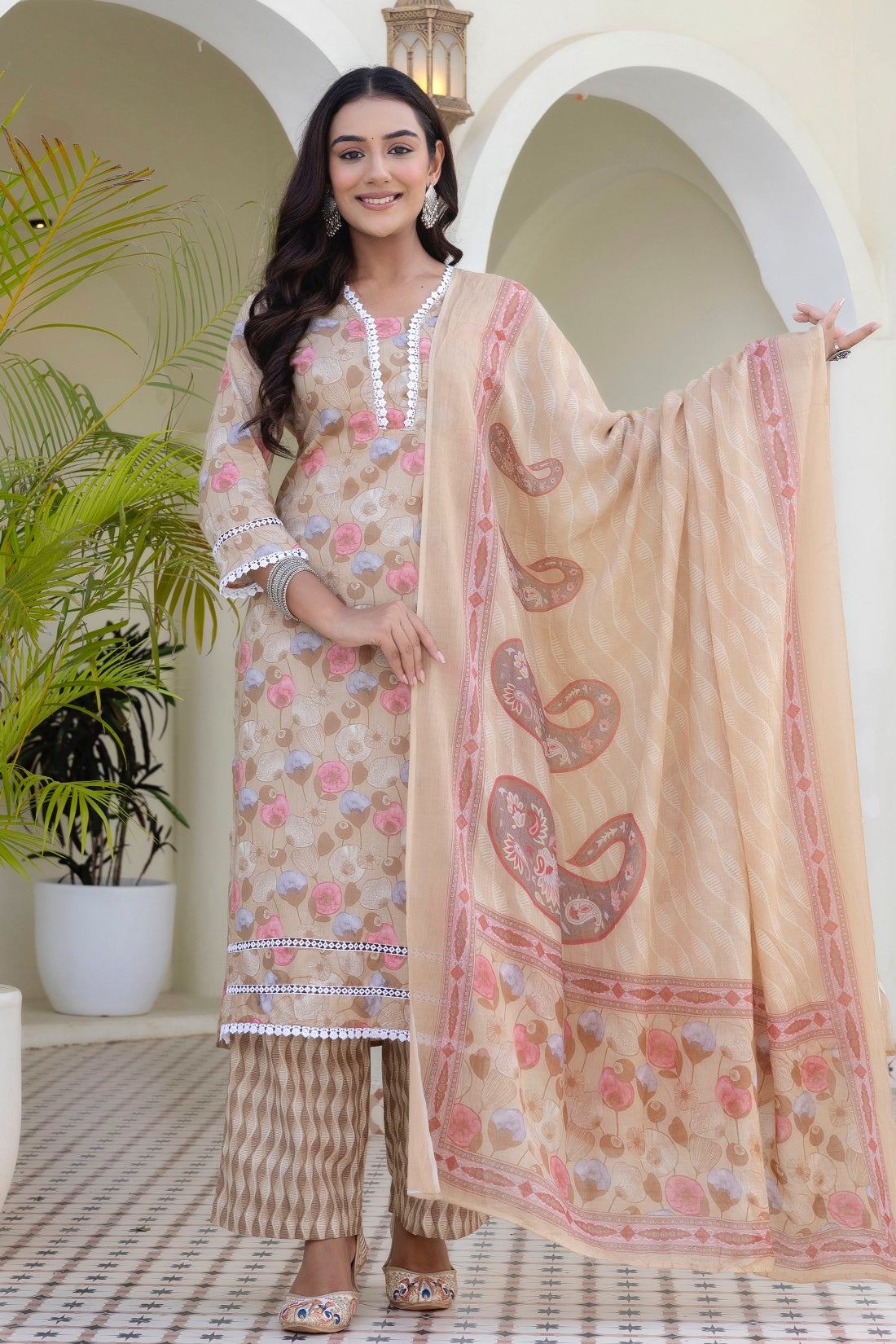 Beige Lace Detailing Cotton Kurta Set with Palazzo Pants and Dupatta