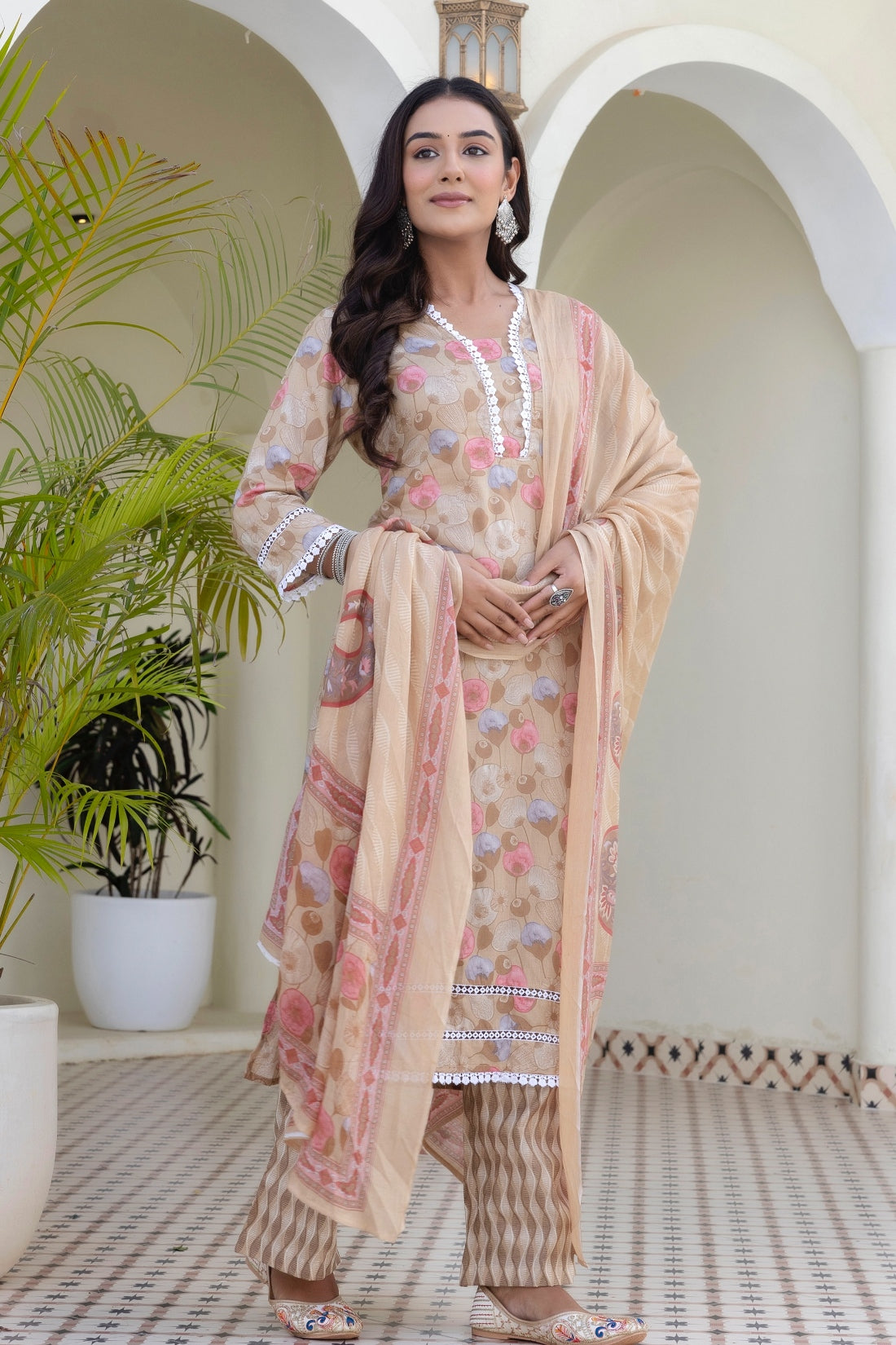 Beige Lace Detailing Cotton Kurta Set with Palazzo Pants and Dupatta