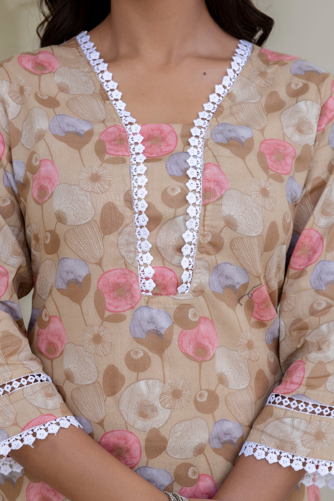 Beige Lace Detailing Cotton Kurta Set with Palazzo Pants and Dupatta