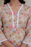 Beige Lace Detailing Cotton Kurta Set with Palazzo Pants and Dupatta