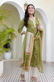 Sage Green Floral Kurta Set with Trousers and Dupatta