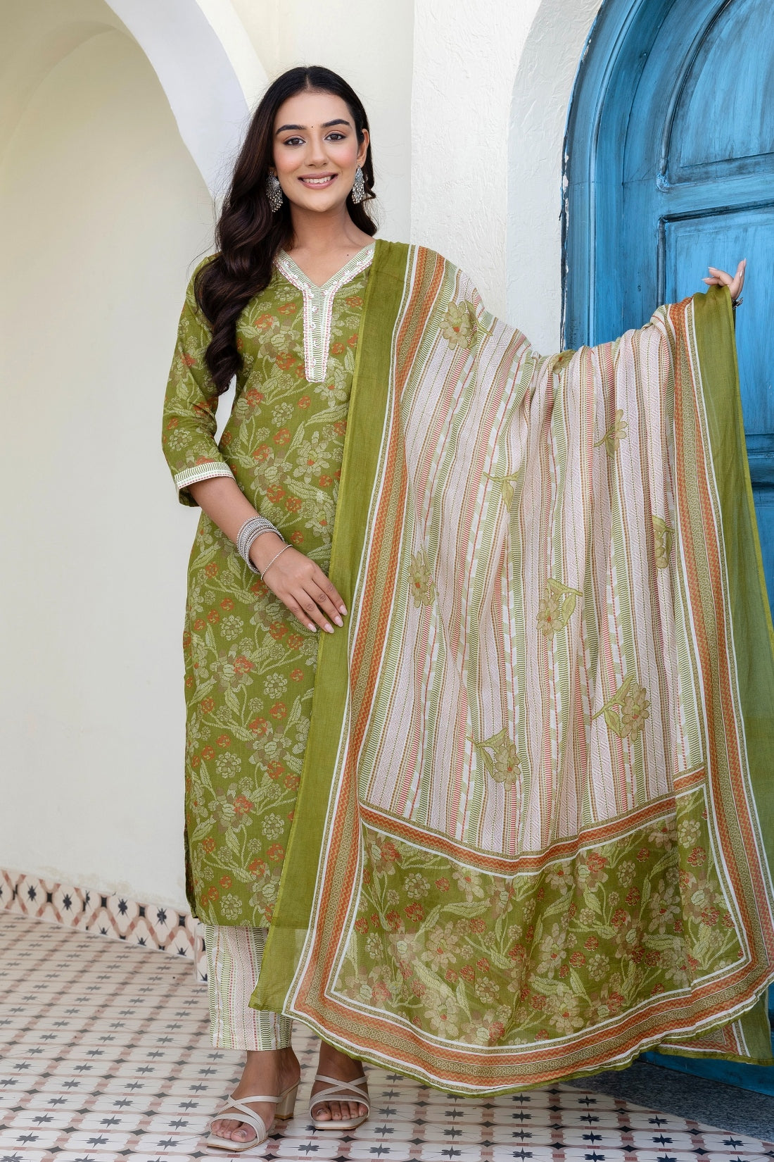 Sage Green Floral Kurta Set with Trousers and Dupatta