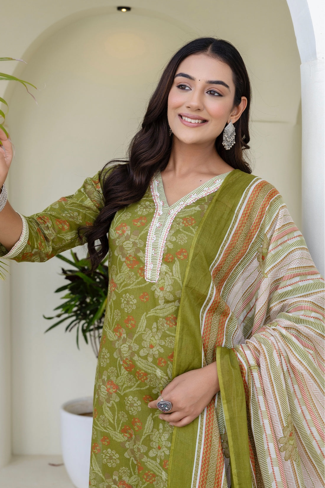 Sage Green Floral Kurta Set with Trousers and Dupatta
