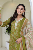 Sage Green Floral Kurta Set with Trousers and Dupatta