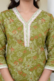 Sage Green Floral Kurta Set with Trousers and Dupatta