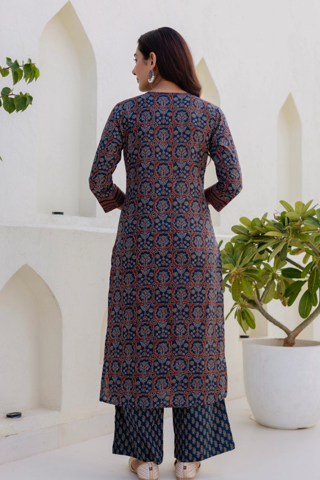 Dark Blue Ajrakh Print Yoke Design Kurta Set with Trousers and Dupatta