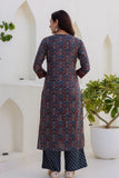 Dark Blue Ajrakh Print Yoke Design Kurta Set with Trousers and Dupatta