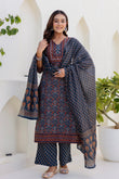 Dark Blue Ajrakh Print Yoke Design Kurta Set with Trousers and Dupatta