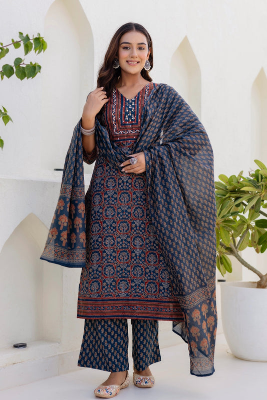 Dark Blue Ajrakh Print Yoke Design Kurta Set with Trousers and Dupatta