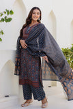 Dark Blue Ajrakh Print Yoke Design Kurta Set with Trousers and Dupatta