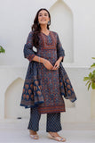 Dark Blue Ajrakh Print Yoke Design Kurta Set with Trousers and Dupatta
