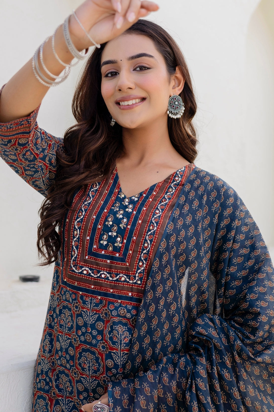 Dark Blue Ajrakh Print Yoke Design Kurta Set with Trousers and Dupatta