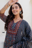 Dark Blue Ajrakh Print Yoke Design Kurta Set with Trousers and Dupatta