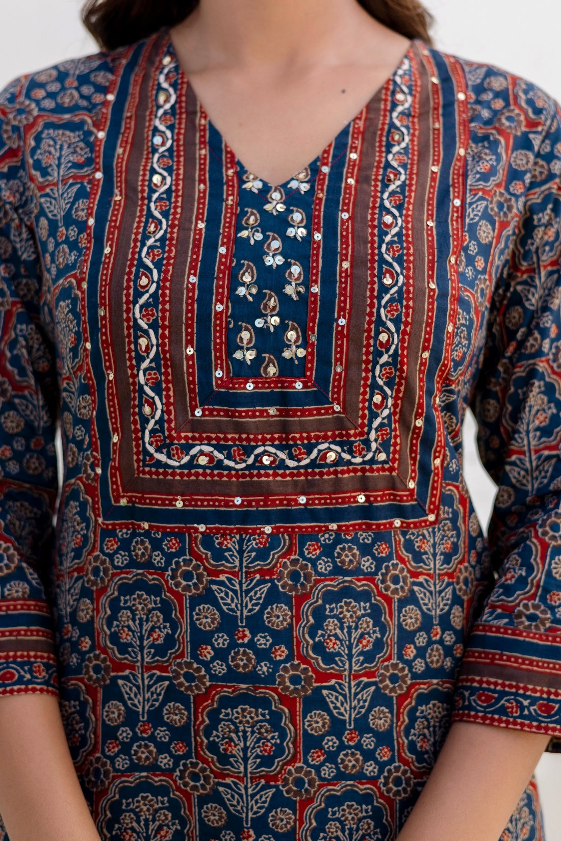 Dark Blue Ajrakh Print Yoke Design Kurta Set with Trousers and Dupatta