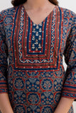 Dark Blue Ajrakh Print Yoke Design Kurta Set with Trousers and Dupatta