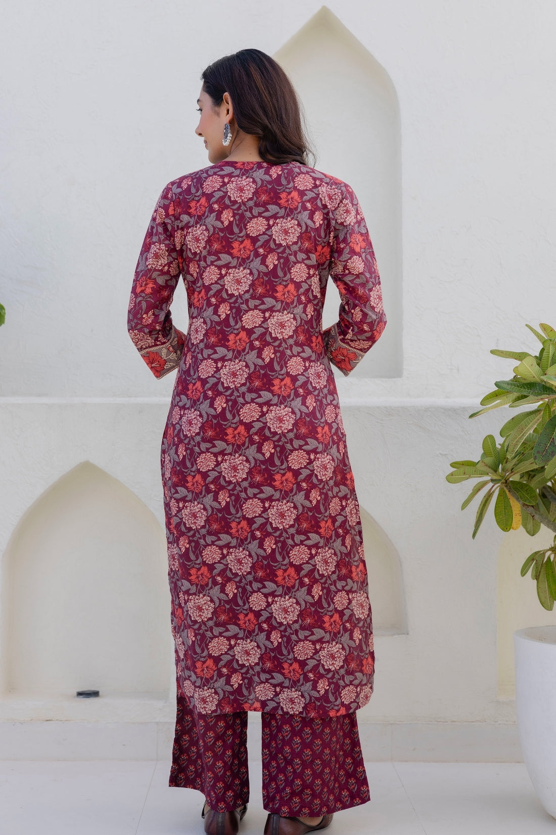 Bungundy Floral Print Yoke Highlight Kurta Set with Palazzo Pants and Dupatta