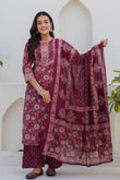Bungundy Floral Print Yoke Highlight Kurta Set with Palazzo Pants and Dupatta