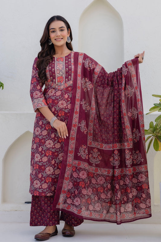 Bungundy Floral Print Yoke Highlight Kurta Set with Palazzo Pants and Dupatta