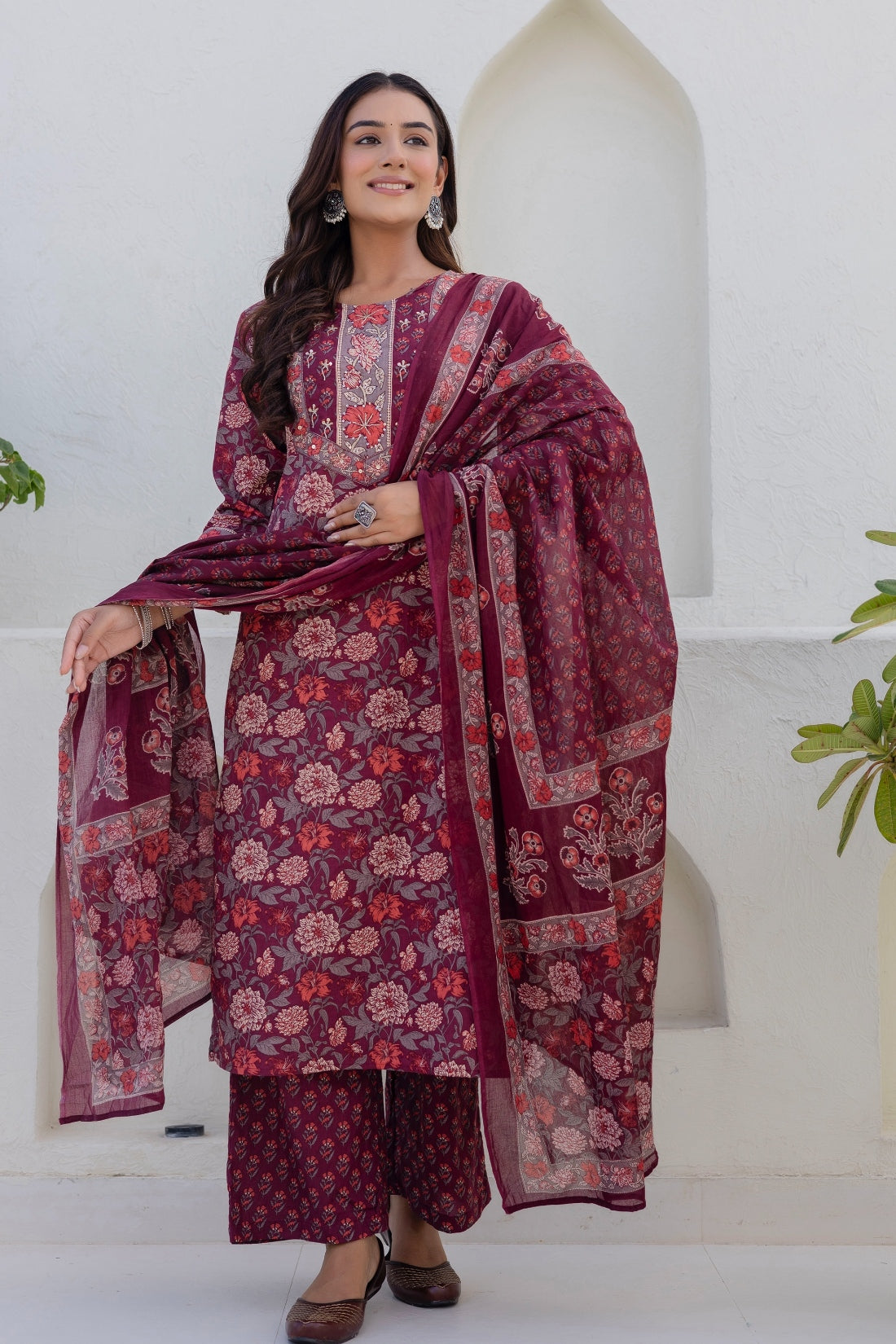 Bungundy Floral Print Yoke Highlight Kurta Set with Palazzo Pants and Dupatta