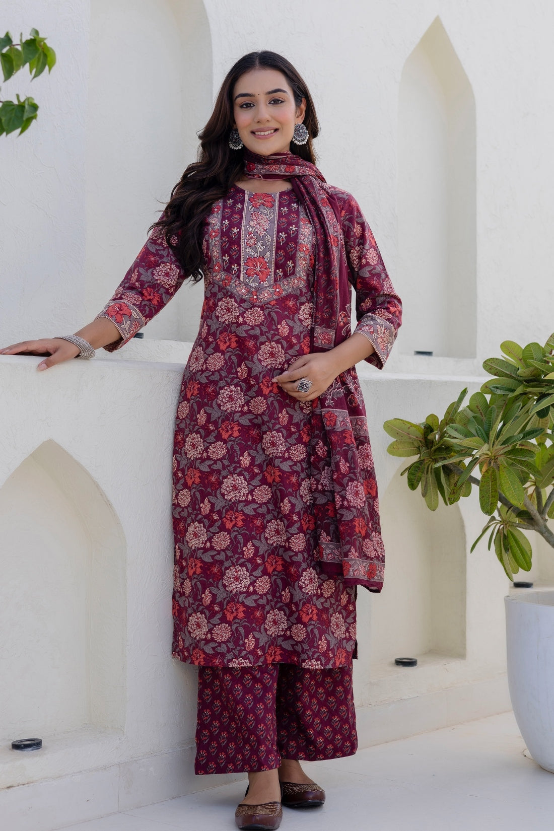 Bungundy Floral Print Yoke Highlight Kurta Set with Palazzo Pants and Dupatta