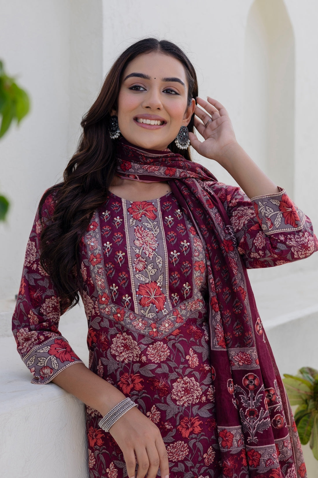 Bungundy Floral Print Yoke Highlight Kurta Set with Palazzo Pants and Dupatta