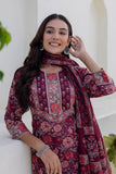Bungundy Floral Print Yoke Highlight Kurta Set with Palazzo Pants and Dupatta