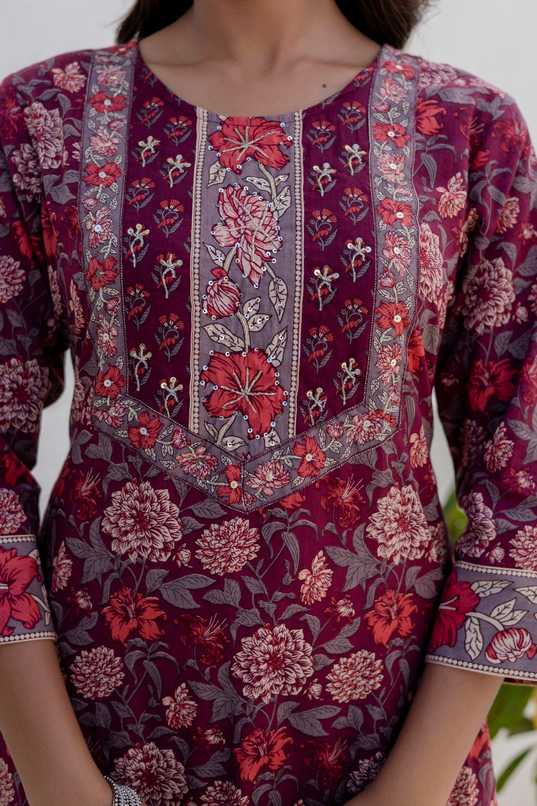 Bungundy Floral Print Yoke Highlight Kurta Set with Palazzo Pants and Dupatta