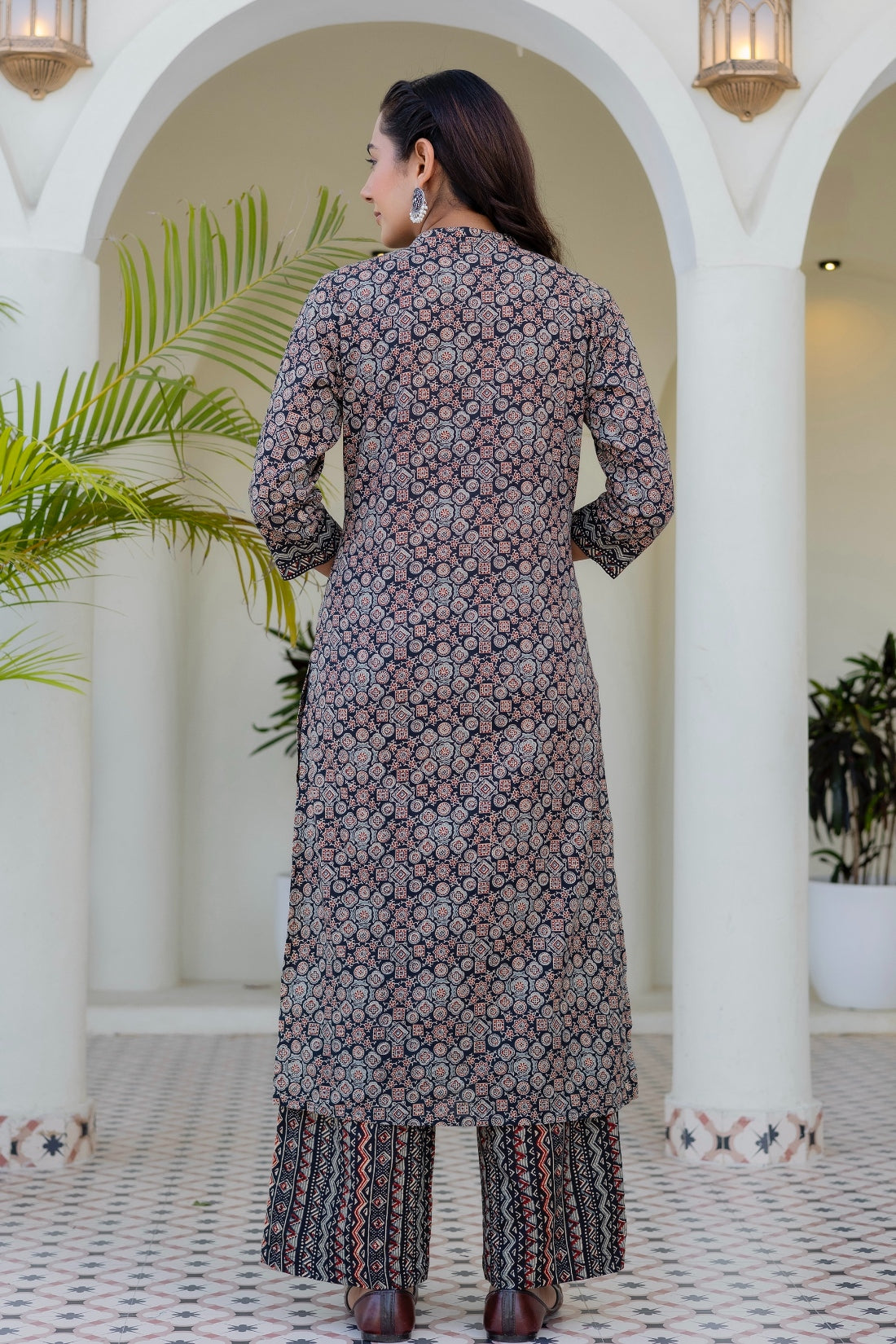 Black Ajrakh Print Cotton Kurta Set with Palazzo Pants and Dupatta