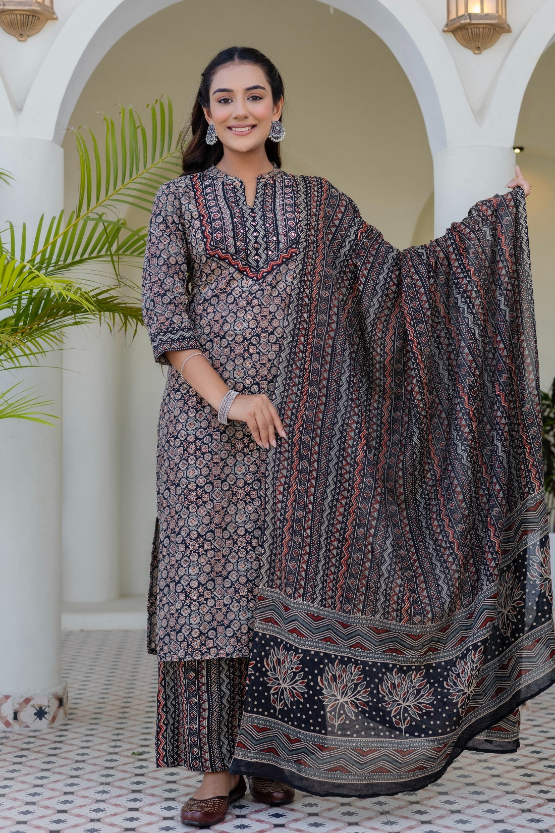 Black Ajrakh Print Cotton Kurta Set with Palazzo Pants and Dupatta