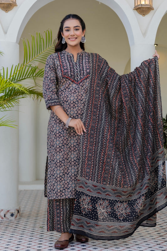 Black Ajrakh Print Cotton Kurta Set with Palazzo Pants and Dupatta