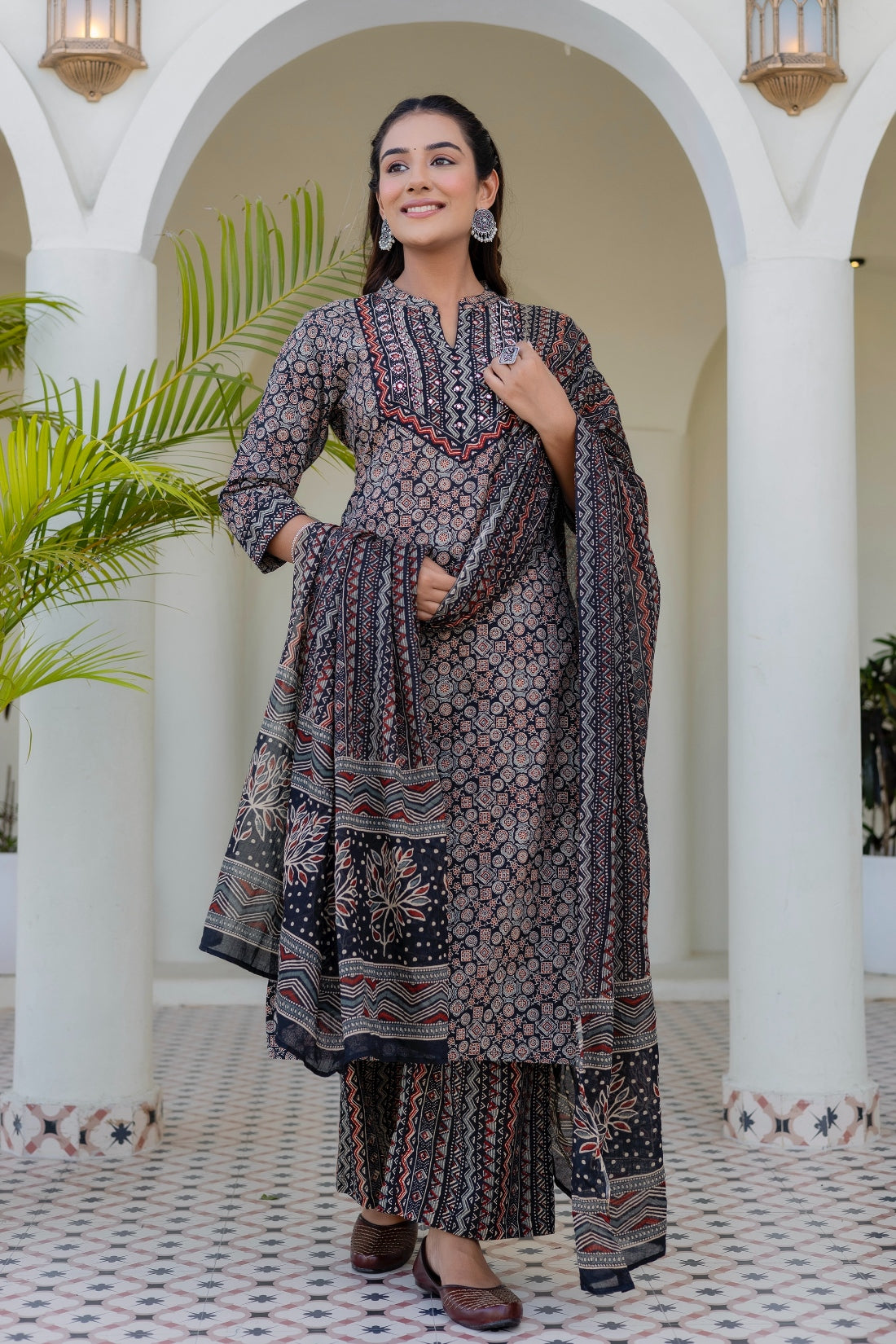 Black Ajrakh Print Cotton Kurta Set with Palazzo Pants and Dupatta