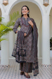 Black Ajrakh Print Cotton Kurta Set with Palazzo Pants and Dupatta