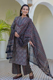 Black Ajrakh Print Cotton Kurta Set with Palazzo Pants and Dupatta