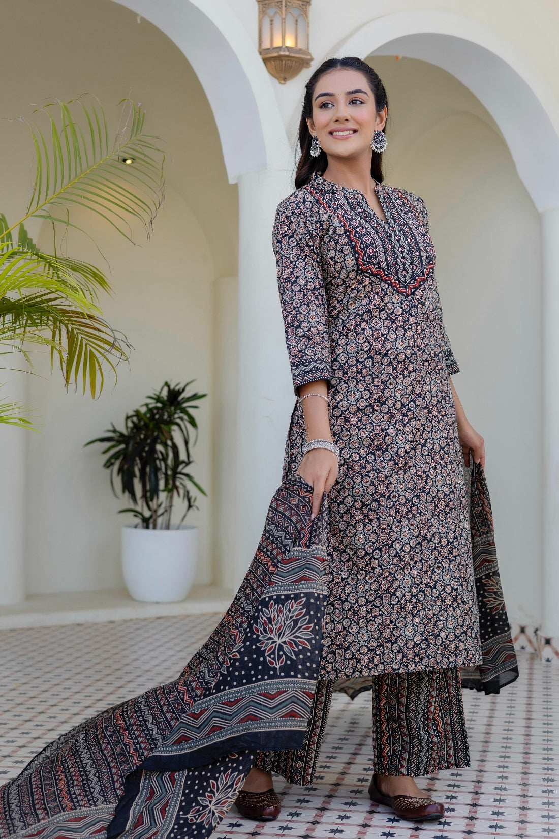 Black Ajrakh Print Cotton Kurta Set with Palazzo Pants and Dupatta