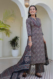 Black Ajrakh Print Cotton Kurta Set with Palazzo Pants and Dupatta