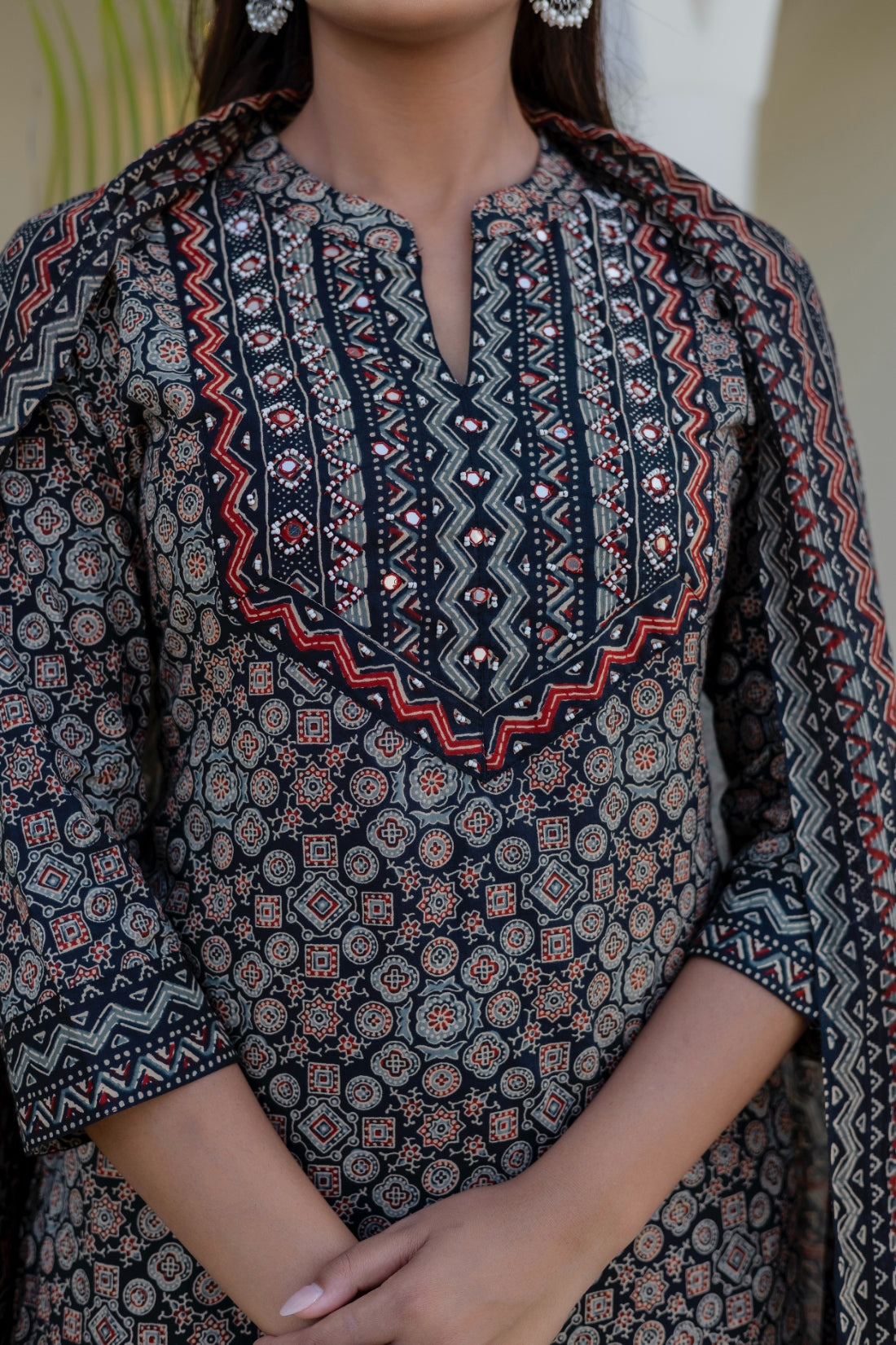 Black Ajrakh Print Cotton Kurta Set with Palazzo Pants and Dupatta