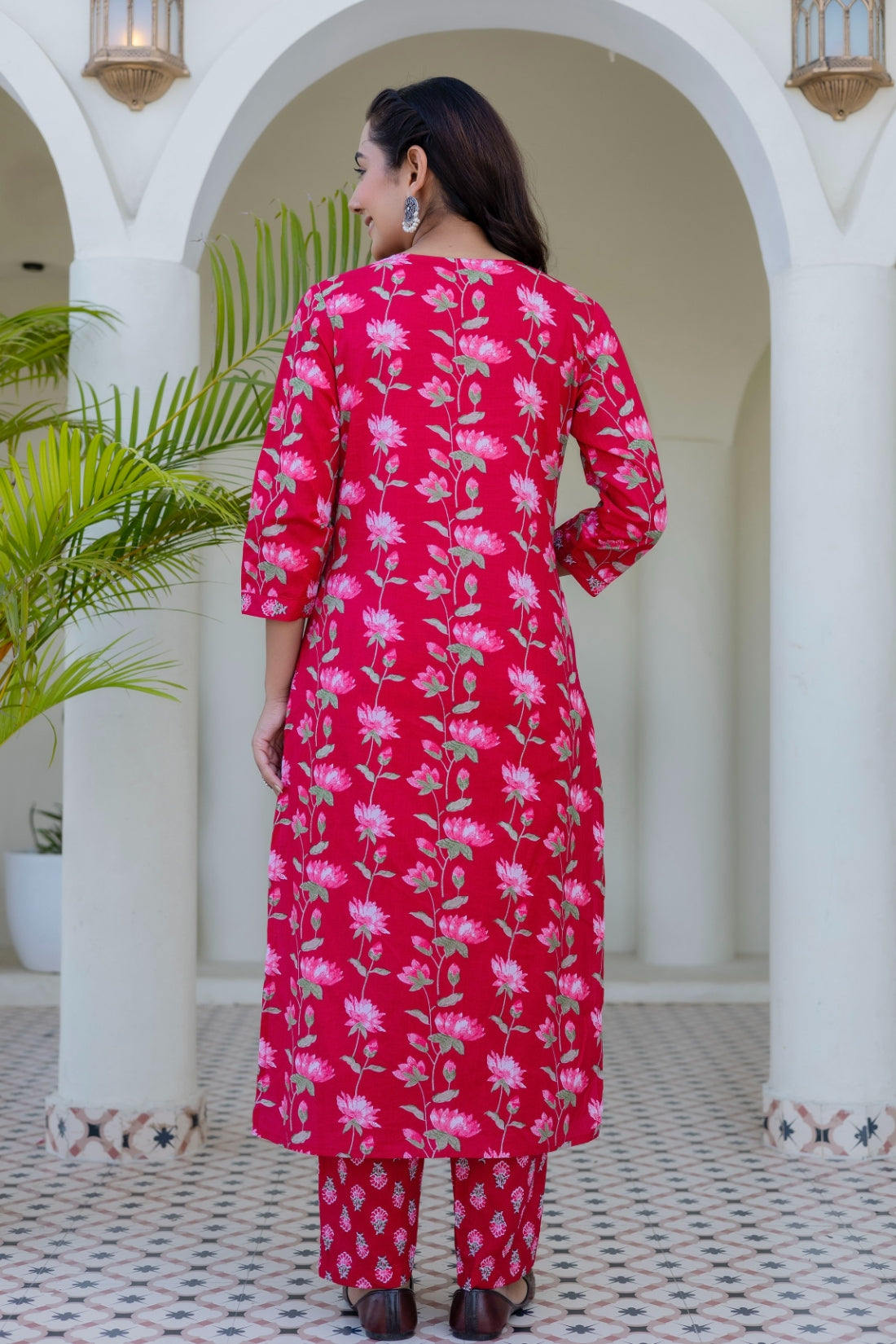 Pink Festive Floral Kurta Set with Trousers and Dupatta