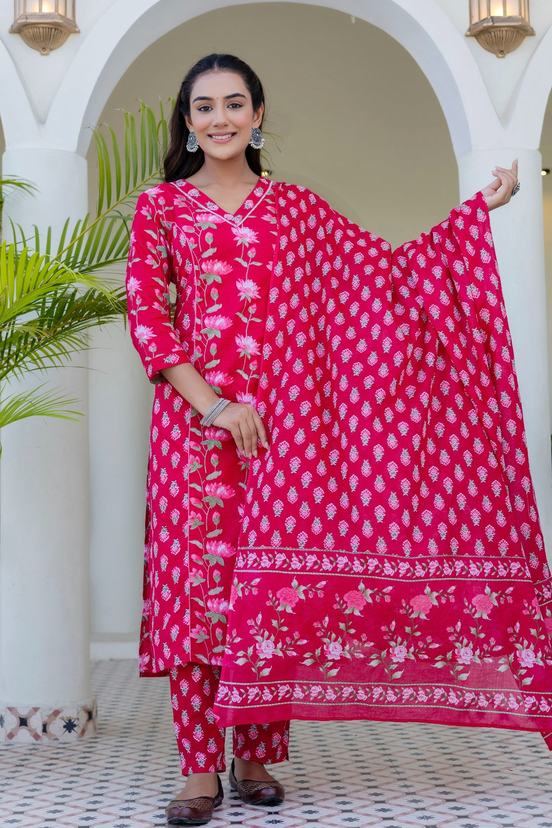 Pink Festive Floral Kurta Set with Trousers and Dupatta