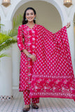 Pink Festive Floral Kurta Set with Trousers and Dupatta