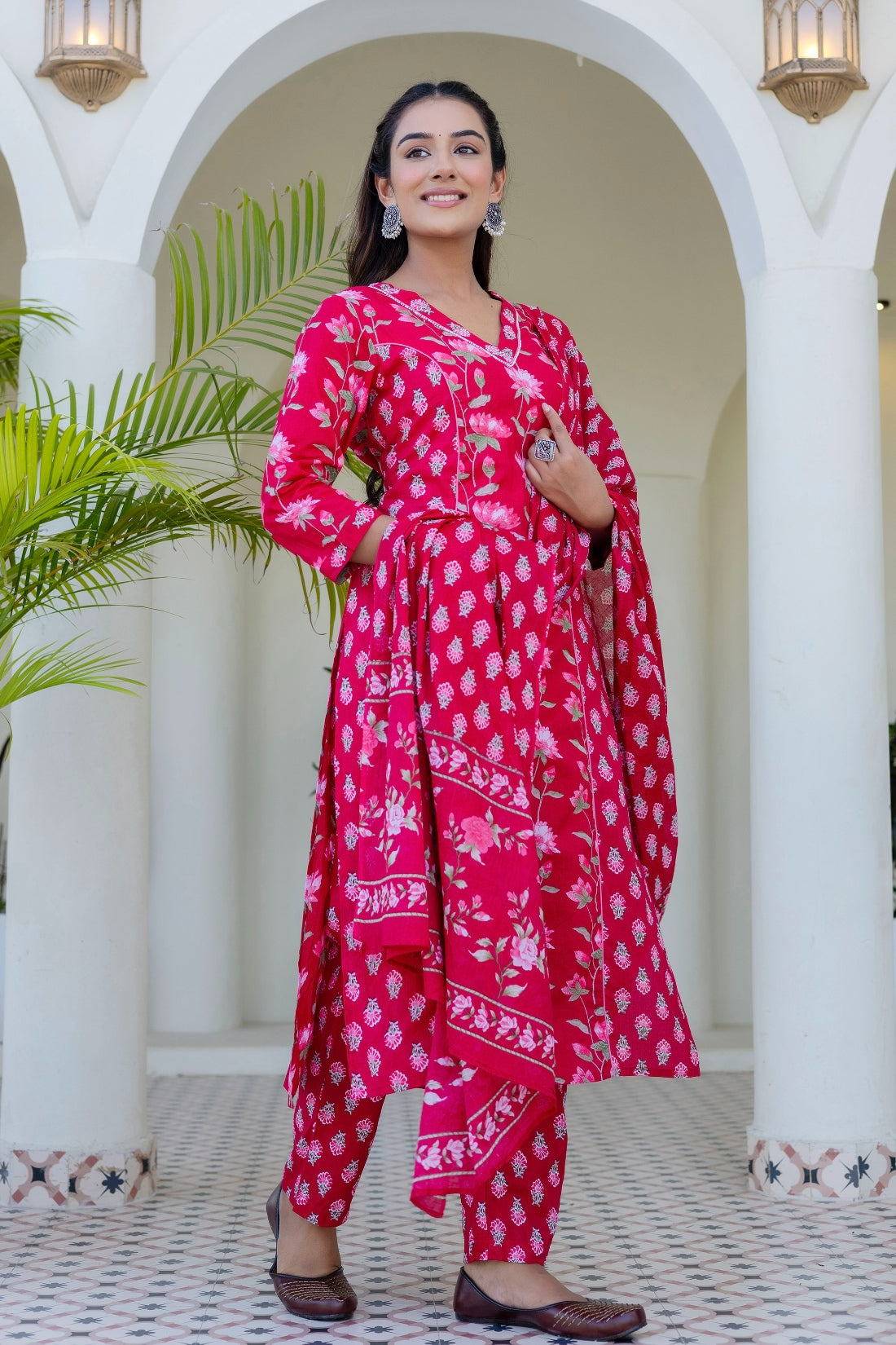 Pink Festive Floral Kurta Set with Trousers and Dupatta