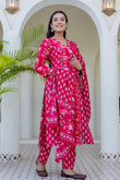 Pink Festive Floral Kurta Set with Trousers and Dupatta