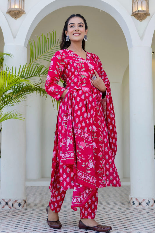 Pink Festive Floral Kurta Set with Trousers and Dupatta
