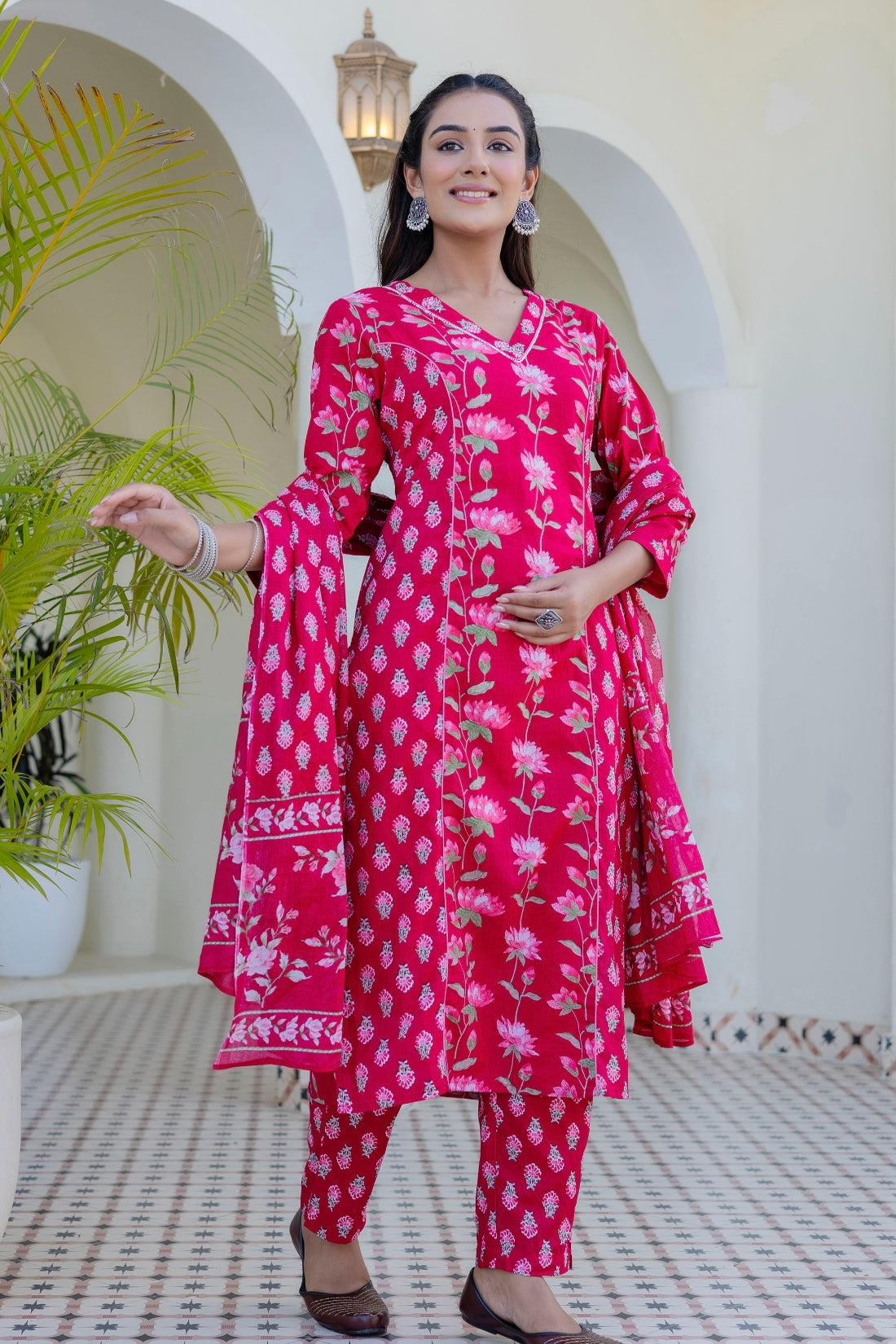 Pink Festive Floral Kurta Set with Trousers and Dupatta